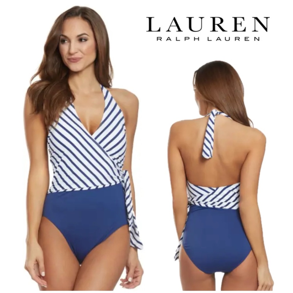 Lauren Ralph Lauren Blue and White Striped Halter One-Piece Swimsuit